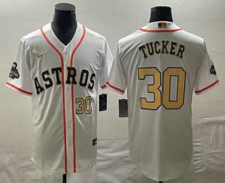 Men's Houston Astros #30 Kyle Tucker Number 2023 White Gold World Serise Champions Patch Cool Base Jerseys